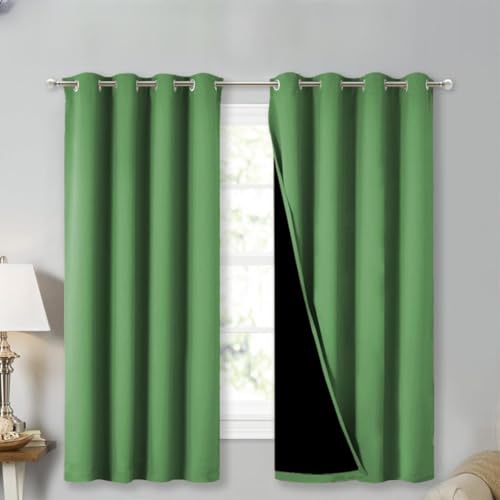Image of NICETOWN 100% Blackout Curtains with Black Liners, Forest Green, 2 Panels, 52-inch W by 63-inch L, Thermal Insulated Full Blackout 2-Layer Lined Drapes, Energy Efficiency Window Draperies for Bedroom