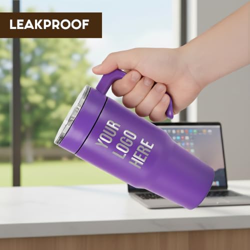 Image of Custom Engraved 30 oz Tumbler with Handle for Company Branding | 30 oz insulated stainless steel tumbler, laser engraved with your custom logo for business branding and gifts