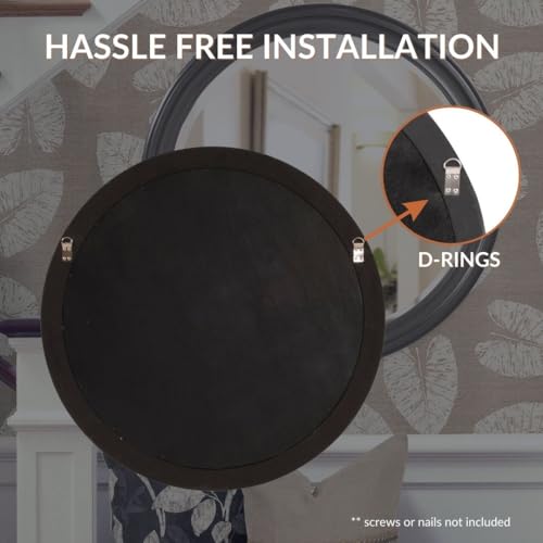Image of Howard Elliott Collection George Round Glossy Charcoal Wall Mirror, Bevelled Vintage Hanging Wood Framed Vanity Mirrors for Home Decor, Living Room, Bathroom, Bedroom, or Hallway, 36 Inch Round