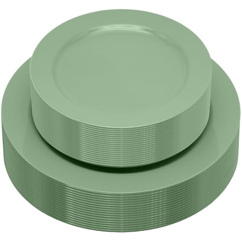 joy akkess 50PCS Sage Green Plastic Plates Disposable Green Plastic Plates include 25 Dinner (10.25) & Dessert/Salad (7.5) for Birthday Baby Shower Wedding Graduation Party Decoration