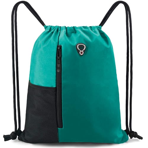Image of BeeGreen Marrs Green Drawstring Backpack Gym Bag For Men & Women - Sports Sackpack with Mesh Water Bottle Holder & 2 Zippered Pockets - Large 16x20 Inch Cinch String Backpack