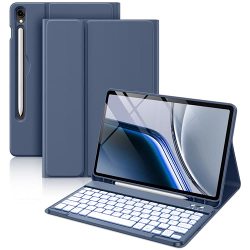 Vobafe Coque Clavier pour Samsung Galaxy Tab S10 Lite/S10 FE/S9 FE 10.9"/Tab S9 11", Étui Clavier à rétroéclairage 7 Couleurs avec Porte-Stylo & Charge Rapide, AZERTY, Bleu-Gris
