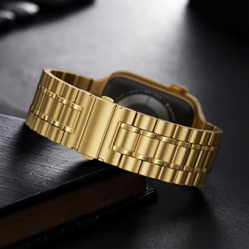 Image of Bestig Compatible with Apple Watch Bands for Men Women 49mm 46mm 45mm 44mm 42mm(Series 3 2 1), Stainless Steel Metal Business Wristband Strap for iWatch Ultra Series 11 10 9 8 7 6 SE 5 4, Gold