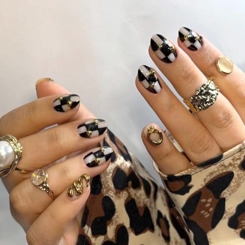 Checkered Press on Nails Short Almond Fake Nails Gold Nails Press ons with Design,Full Cover Stick on Nails for Women Manicure,Reusable | Artificial | Nail Sticky Tab | Easy Apply | 24Pcs