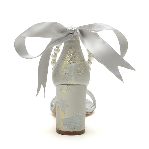 Women's Chunky Block Heel Pumps Open Toe Floral Satin Wedding Shoes for Bride Pearls Dress Shoes Heels2