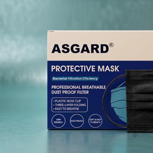 Image of ASGARD Nonwoven Fabric Disposable Multilayer Protective Mask (Black, Pack of 50) for Unisex