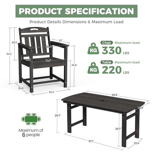 Image of HDPE Outdoor Dining Set, Patio Table and Chairs Set, All-Weather 7-Piece Outside Table and 6 Chairs, 2 inch Umbrella Hole, Outdoor Furniture for Garden, Poolside, Backyard, Deck | Black