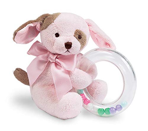 Image of Bearington Baby Wiggles Plush Stuffed Animal Pink Puppy Dog Shaker Toy Ring Rattle, 5"