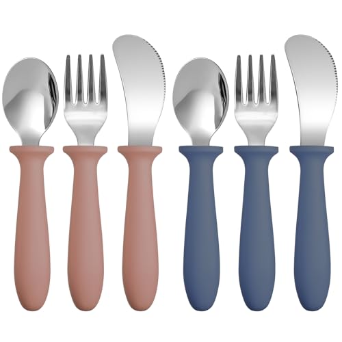 Image of Pimoys 6 Pieces Toddler Utensils Forks,Spoons and Knives,Kids Silverware Set with Plastic Handle Stainless Steel Toddler Silverware,Dishwasher Safe