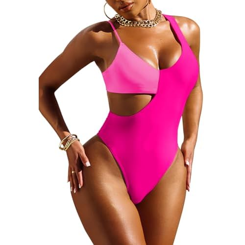 Pink Queen Women's Sexy One Piece Swimsuit Scoop Neck Cutout Waist Tummy Control Bathing Suit Swimwear Small Rose Pink