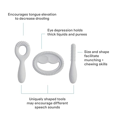 Image of ezpz Oral Development Tools (3 Pack in Pewter) - 3 Months+ - Non-Slip Loop, Smile and Stick 100% Silicone Tools - Prepare for Chewing + Solids - Baby-Led Weaning Supplies
