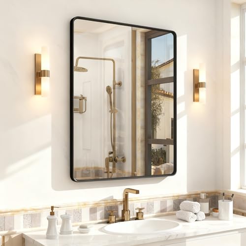 OKPAL 28X36 Inch Black Metal Framed Bathroom Mirror for Wall Matte Black Bathroom Vanity Mirror Black Rounded Rectangle Modern Mirror Rustproof Shatter-Proof (Horizontal/Vertical)