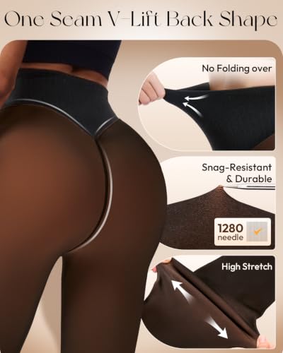 Image of Fleece Lined Tights Women One Line High Waist Warm Sheer Fleece Tights Thick Thermal Pantyhose Winter Black