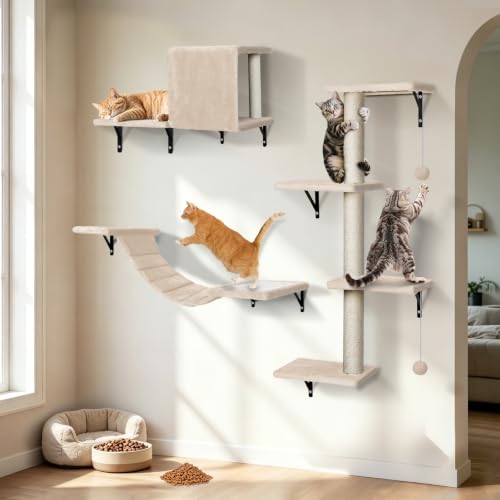 Masthome 4-in-1 Wall Mounted Cat Furniture-Cat Shelves with Scratching Post Bridge Perch and House-DIY Modular Cat Tree for Large Cats Holds Up to 25lbs-Space-Saving Indoor Cat Climbing Frame-Beige