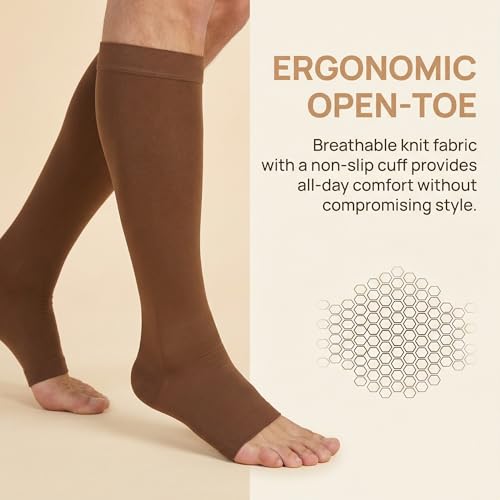 Image of MGANG Knee High Compression Socks 20-30mmHg for Varicose Veins, Open Toe | Graduated Compression, Circulation, DVT, Swelling, Nurses, Pregnancy, Standing, Office, Flight, Travel, Running, Recovery