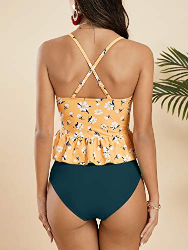 Tutorutor Women High Waisted Swimsuits Peplum Tankini Set Ruffle Floral Print Teen Spaghetti 2 Piece Halter Bikini4