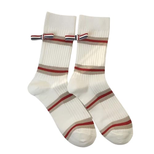 JJ-GOGO Women's Striped Cotton Crew Socks - Middle Tube Socks Casual Sports Socks Fashionable School Girls Socks (white)