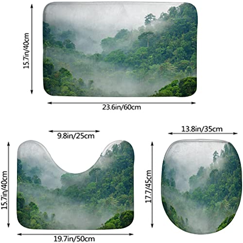 Badezimmerteppich-Set, 3-teilig, Naturwald, neblige Kiefern, Dschungellandschaft in den Bergen, waschbare Badteppiche, rutschfest, mit Rückenpolster, Konturteppich und Toilettendeckelbezug – Bild 3
