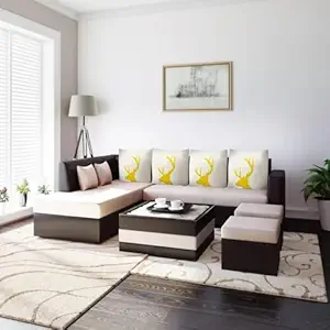 FURNY Oyster 8 Seater Fabric LHS L Shape Sofa Set with Centre Table & Puffy (Cream-Brown)