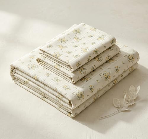 Image of BSB HOME Cloud Cotton King Size bedsheet | Flatsheet Summer Sheet with Two Pillow Covers | Super Soft Bed Sheet for King Size Bed Durable| Floral Design (270 x 250 cm, Off White & Yellow Sage)