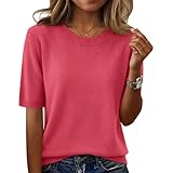 Minetom Pull Femme Manches Courtes Col Rond Pullover Top Tricoté Élégant Coupe Haut Chic Printemps Été A Rose Rouge XXL