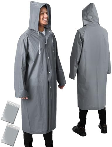 ANYOO Regenponcho Wasserdicht 2 Stück Lang Regenmantel mit Ärmeln für Herren & Damen, Leicht Regencape für Wandern, Camping, Fahrrad, Festival, Wiederverwendbar, Grau,...