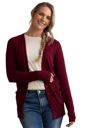 Fair Indigo Women's Organic Cotton Boyfriend Cardigan Sweater (S, Wine)