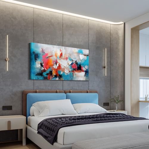 Image of Large bstract Wall Art Canvas Wall Art for Living Room Hand-Painted Art in Blue and Pink Office Wall Decor Paintings for Wall Decorations Modern Wall Decor for Bedrooms and dining Room 29x58in