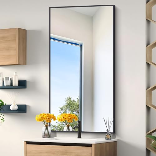 Image of DESBING Black Bathroom Mirror for Wall, 24x48 Inch Rectangle Mirrors with Metal Frame, Modern Vanity Wall Mirror Decor for Entryway Hangs, Bathroom Living Room Horizontal or Vertical