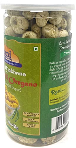 Image of Rani Jumbo Phool Makhana (Fox Nut /Popped Lotus Seed) Green Chilli Oregano Flavor 2.29oz (65g) Vacuum Sealed, Easy Open Top, Resealable Container ~ Indian Tasty Treats | Vegan | NON-GMO | Indian Origin