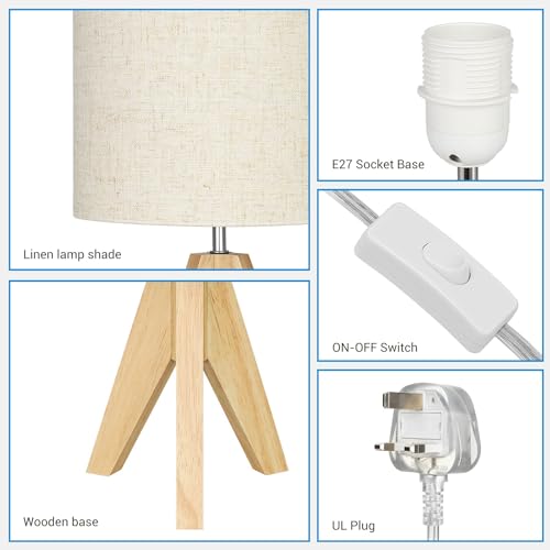 EDISHINE Bedside Lamps Set of 2, Wood Bedside Table Lamp, Tripod Desk Lamp with Beige Linen Lampshade, On-Off Switch, Desk Lamps for Living Room, Bedroom, Office, E27 Base, Linen - Image 5