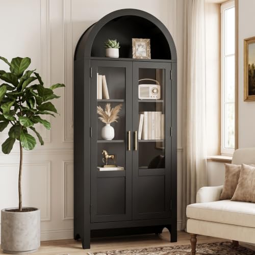 Image of Arched Storage Cabinet with 2 Doors and 5-Tier Shelves for Living Room, 71 inch Tall Wooden Pantry Cabinet for Dining Room and Kitchen, Floor Bathroom Organizer, Black
