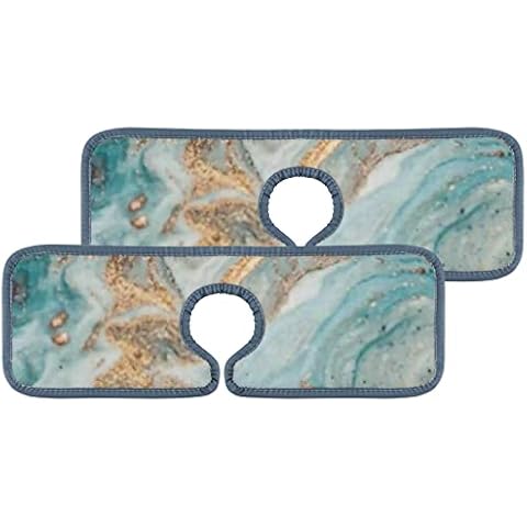 Kitchen Faucet Absorbent Mat 2 Pieces Abstract Golden Turquoise Marble Texture Faucet Sink Splash Guard Bathroom Counter and RV,Faucet Counter Sink Water Stains Preventer Cover