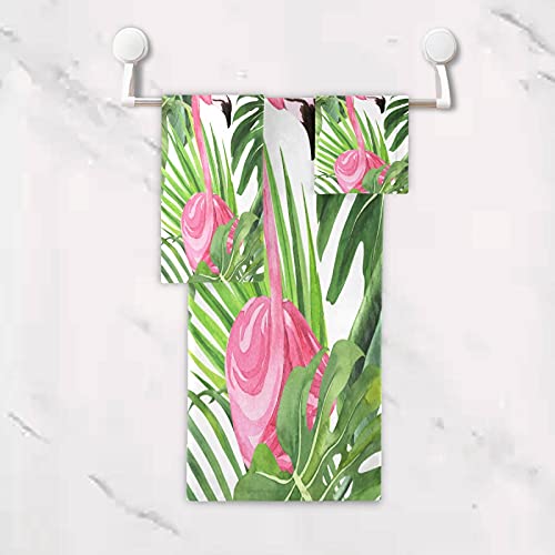 Alaza Towel Bathroom Sets, Pink Flamingo Tropical Leaves On White Towels 3-Piece 1 Bath Towel 1 Washcloth 1 Hand Towel, Bath Towel Set Of 3 Soft Multifuntion For Home Kitchen Hotel Gym Swim Spa #TOP4