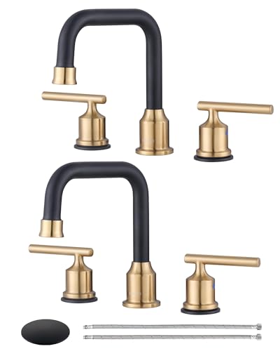 Black and Gold Bathroom Faucet: WOWOW Widespread Bathroom Sink Faucet 3 Hole with Pop-up Drain and Supply Lines 8 Inch Vanity Taps 3 Pieces Basin Tap 2 Handle Modern (2 Pack)