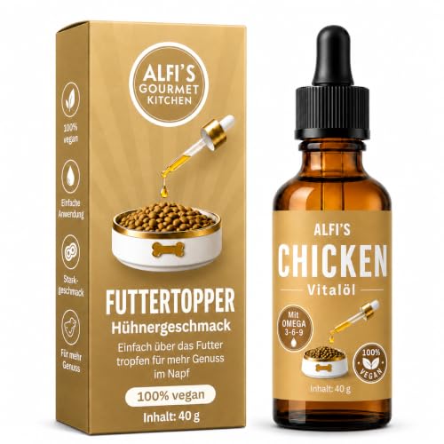Appetitanreger Hund & Katze Futtertopping Hund als veganes Öl mit Chicken Aroma Omega 3-6-9 mit Nachtkerzen Lein & Olivenöl für Trocken & Nassfutter 140 Portionen