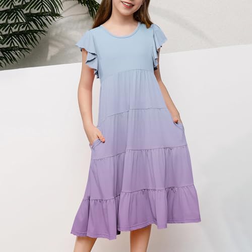 Girls Summer Boho Midi Dress Kids 2025 Ruffle Sleeve Cute Gradient Sundress Little Girls Beach Tiered Swing Dress2