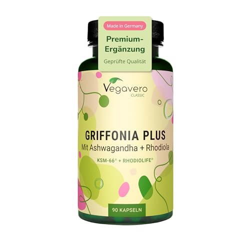 Vegavero 5-HTP Kapseln | aus Griffonia | Mit Ashwagandha KSM-66 und Rhodiola Rosea Rhodiolife | Adaptogene Komplex | Laborgeprüft | Ohne Zusatzstoffe | Deutsche Produktion