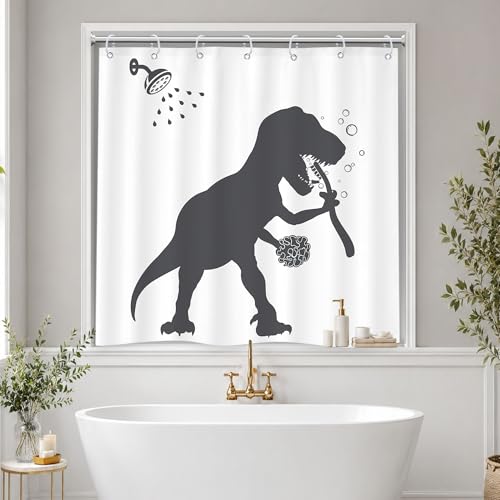 Image of Funny Dinosaur Shower Curtain Bathroom Set 40Wx36L Inches Short Small for Kids Boys Trex Raptor Silhouette Fun Cartoon Black and White Bath Accessories Animal Shadow Art Home Decor Fabric 7