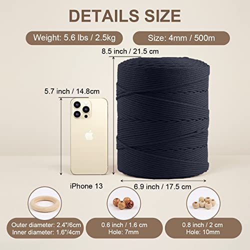 Image of ZUEXT Macrame Cord, Navy, 4mm x 547yds Cotton String Macrame Yarn | Natural Handmade, 4 Strands Twisted Cotton Rope, for Craft Wall Hanging Weaving Tapestry Dream Catchers Hanger DIY Gift, 500m