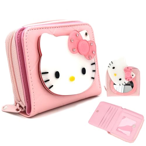 Hello-Kitty Rotating Secret Mirror Zipper Bifold Small Pink Perl Purse Zip Around Vegan Leather Wallet Cards Coin Pocket Bill Slot for Women Girls