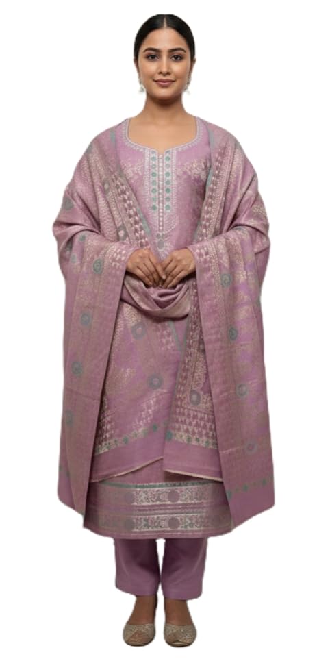 Jayri Women's Woolen Unstitched Kurta & Palazzo Zari Design Suit Material with Shawl/Stole for Winter (Pink)