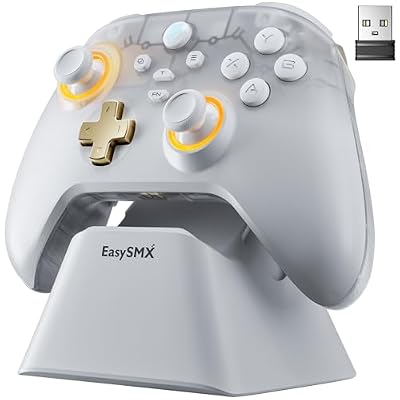 EasySMX D05 Mando PC Inalambrico con Base de Carga - RGB Luz - Hall Joystick - Hall Trigger, Gamepad con 1000 mAh Batería Recargable- Vibración - Turbo- para PC/Switch/Móvil - Blanco | Ya disponible en tu tienda friki favorita! En mundofriki.es!