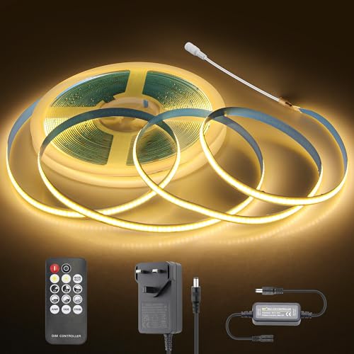 Aclorol 10M COB LED Strip Light Warm White 3000K 24V Dimmable LED Flexible Strip Light with Power Supply and Remote Dotless LED Strip Lights for Bedroom Living Room Furniture Lighting 8mm Width CRI85+