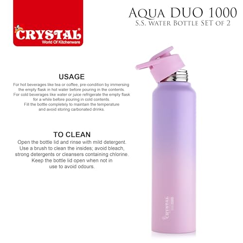 Image of Crystal Aqua 1000 Stainless Steel Water Bottle, Leakproof Lid, Single Walled, ISI Certified I For School, Office, Gym I Purple & Pink | Pack of 2
