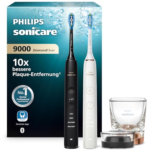 Philips Sonicare DiamondClean 9000 elektrische Zahnbürste, Schallzahnbürste mit App, Andruckkontrolle, 4 Putzmodi, 3 Intensitätsstufen, Ladeglas, Schwarz und Roségold, Zweierpack, Modell HX9914/57