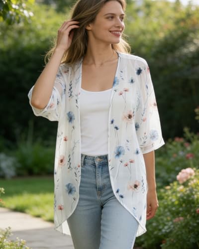 Image of Women's Floral Print Puff Sleeve Kimono Cardigan Loose Cover Up Casual Blouse Tops 2026