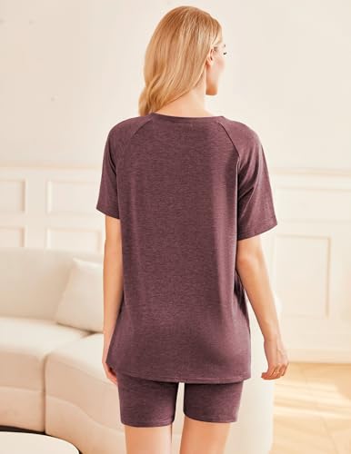 Image of Ekouaer Two Piece Sets for Women Summer Outfits 2026 Lounge Set Crew Neck Tshirts Biker Short Sweatsuit with Pocket