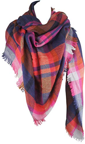 VIVIAN & VINCENT Women\'s Plaid Blanket Winter Scarf Warm Wrap Oversized Shawl Cape Pink Blue