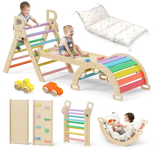 BlueWood Pikler Triangle Set with Cushion - Climbing Toys for Toddlers 9-in-1 Montessori Philosophy Play Jungle Gym with Arch Ramp Ladder (Rainbow)